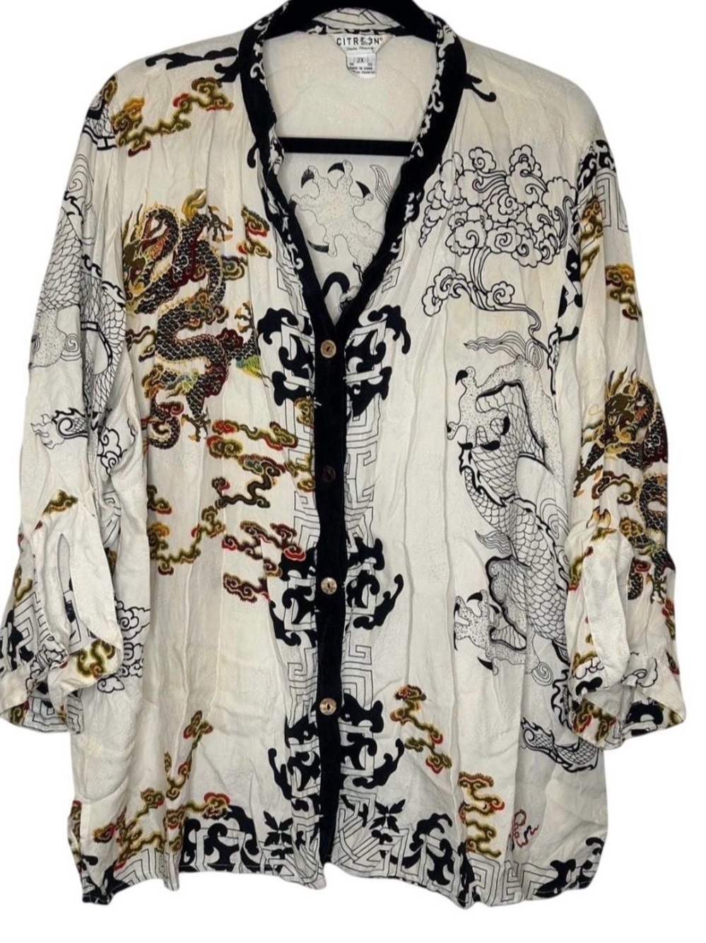 RARE Citron Cream Dragon Print Button-Front Women's Shirt with Black Trim